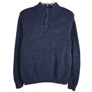 Chaps Elbow Pad Sweater M Blue Mock Neck 1/4 Button Preppy Classic Dark Academia
